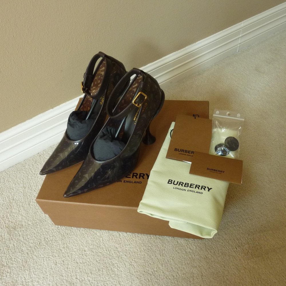 BURBERRY 'Evan' TB Monogram Logo Ankle-Strap Transparent Pumps (Brown) - 7B - Picture 2 of 15